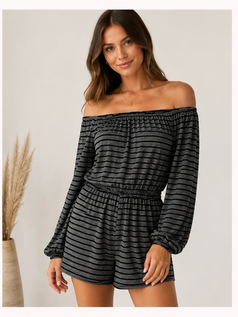 See You Monday Striped Off Shoulder Romper